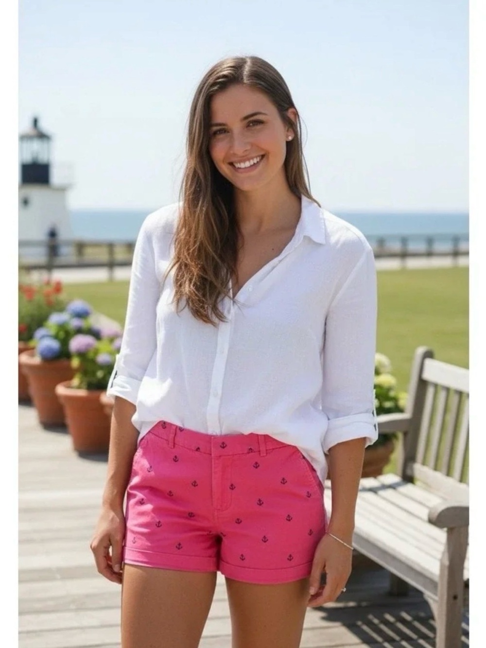Pink shorts with navy sailboats